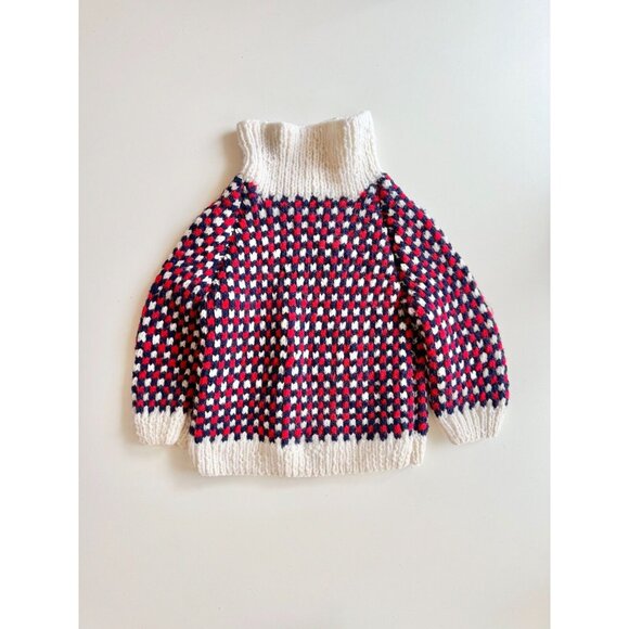 Vintage Handmade by Grandma Blue red Check Wool Turtleneck Sweater, Size 6 - Picture 2 of 11